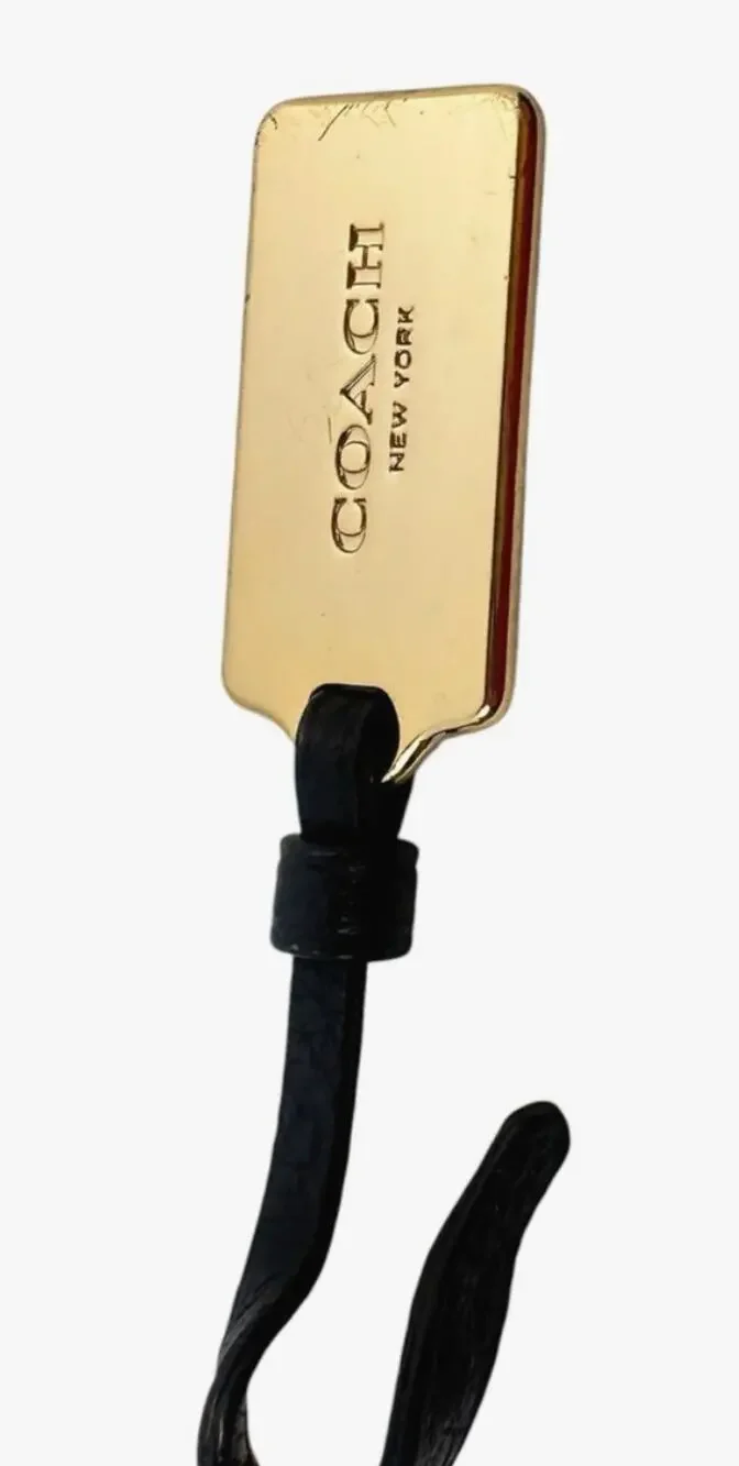 Coach Gold Tone Metal Hangtag Bag Charm Navy Blue Leather Loop Authentic